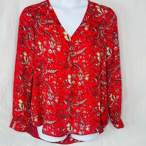 Rose & Olive Red Paisley V-Neck Blouse Long Sleeve XL 👍